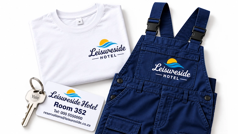 Custom business branding products featuring iron-on magic labels for branded uniforms and durable personalised plastic key tags for hotels, lodges, guest houses, offices, and commercial businesses.