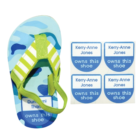 Personalised shoe labels with clear protective covers applied inside children’s shoes