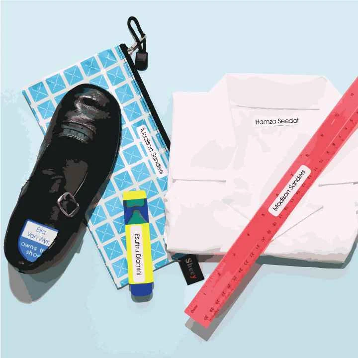 Affordable personalised Budget School Label Pack for clothing, stationery, books, shoes, lunch boxes and water bottles