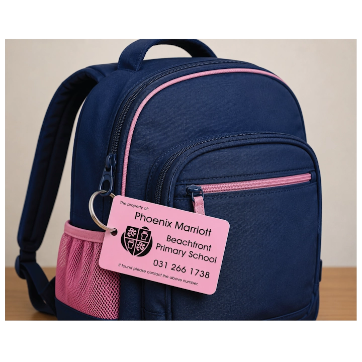 Personalised Bag Tag with name, school and phone number on a steel split ring