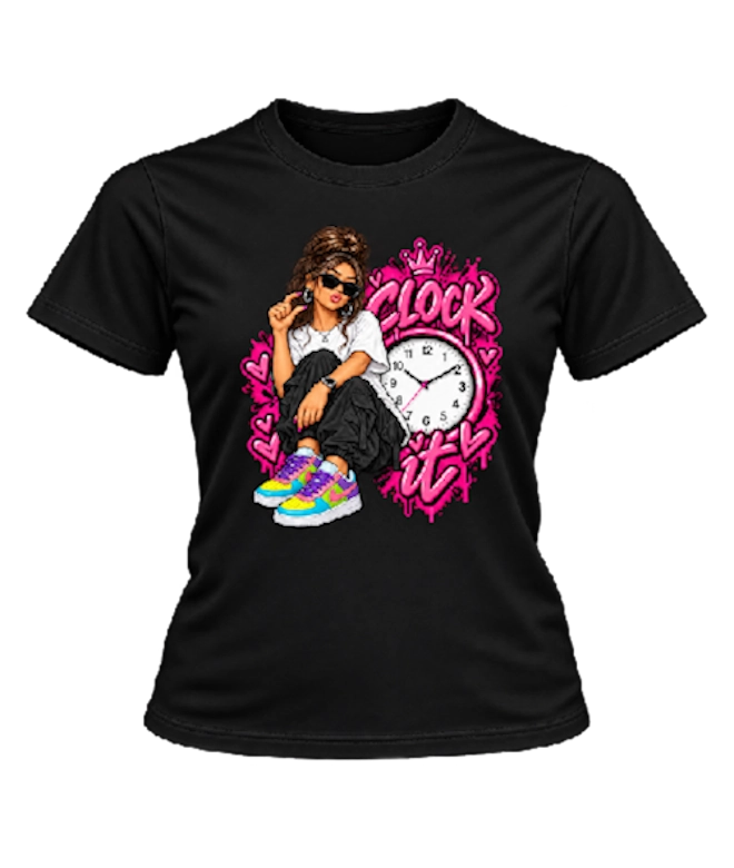 Large colourful iron-on transfer label applied to a t-shirt with a smooth professional finish